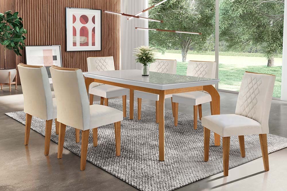 Sala Jantar Mesa Londrina Tampo Madeirado c/ Vidro 180x90cm e 6 Cadeiras Jade - Rufato