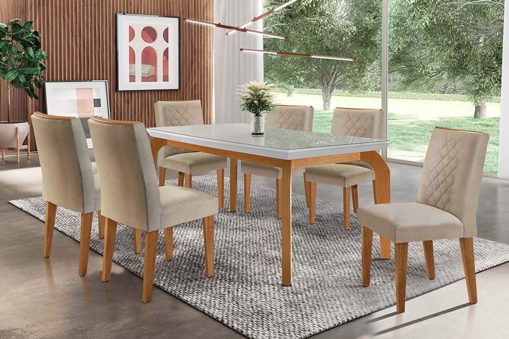 Sala Jantar Mesa Londrina Tampo Madeirado c/ Vidro 180x90cm e 6 Cadeiras Jade - Rufato