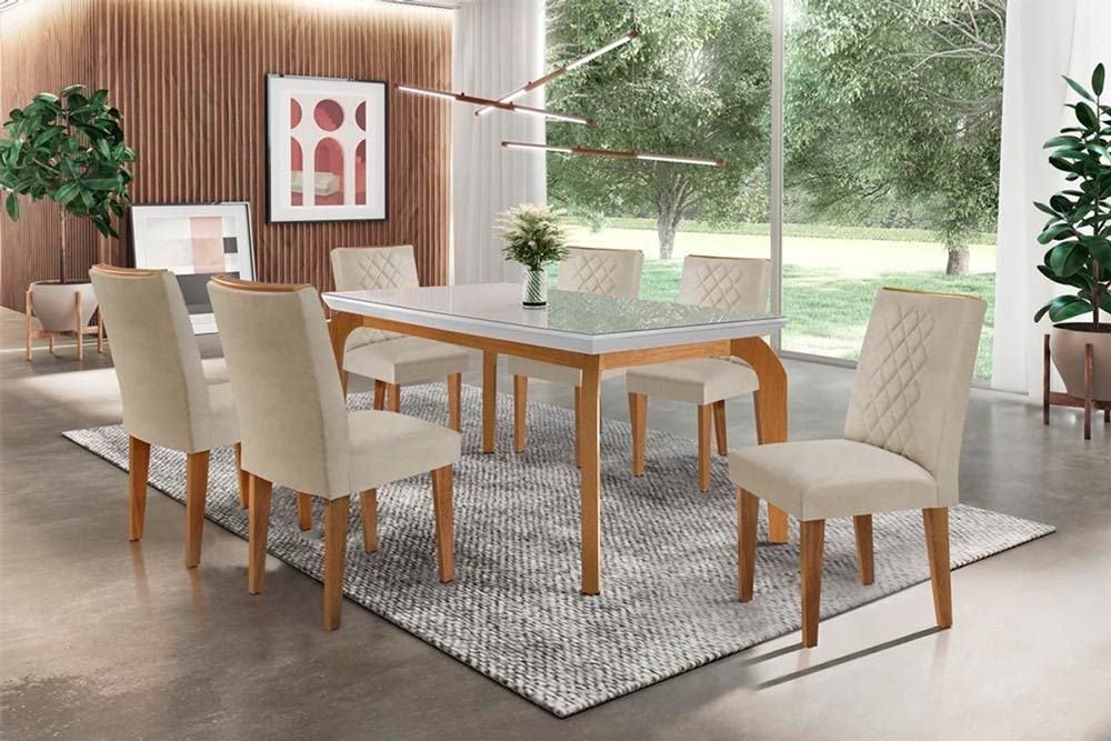 Sala Jantar Mesa Londrina Tampo Madeirado c/ Vidro 180x90cm e 6 Cadeiras Jade - Rufato