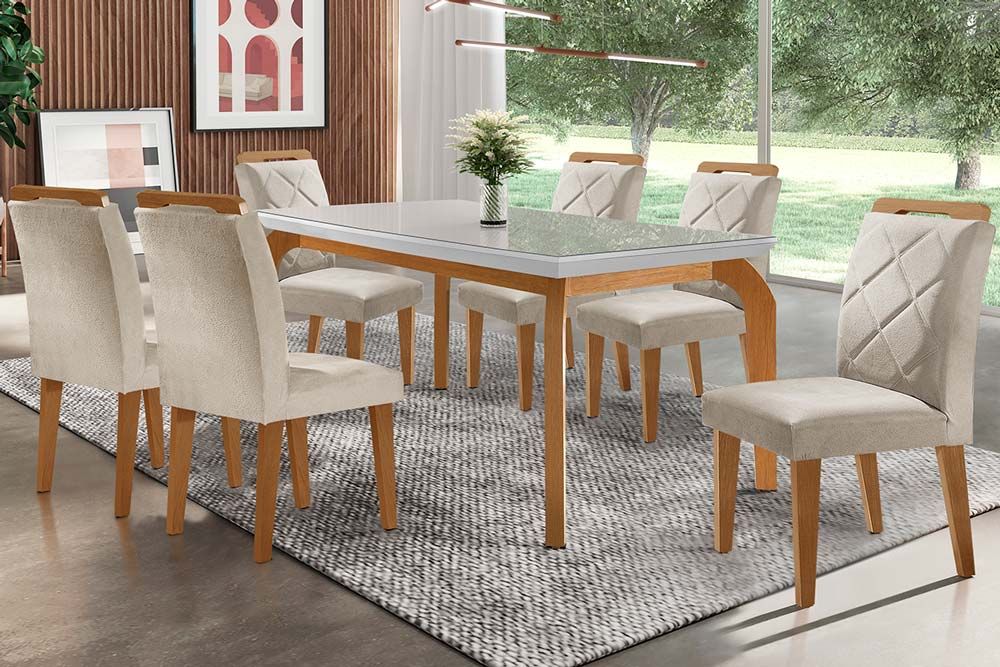 Sala Jantar Mesa Londrina Tampo Madeirado c/ Vidro 180x90cm e 6 Cadeiras Melissa - Rufato