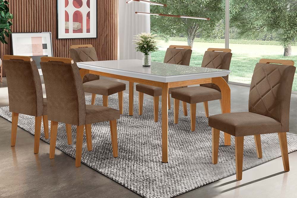 Sala Jantar Mesa Londrina Tampo Madeirado c/ Vidro 180x90cm e 6 Cadeiras Melissa - Rufato
