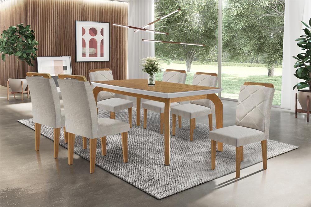 Sala Jantar Mesa Londrina Tampo Madeirado c/ Vidro 180x90cm e 6 Cadeiras Melissa - Rufato