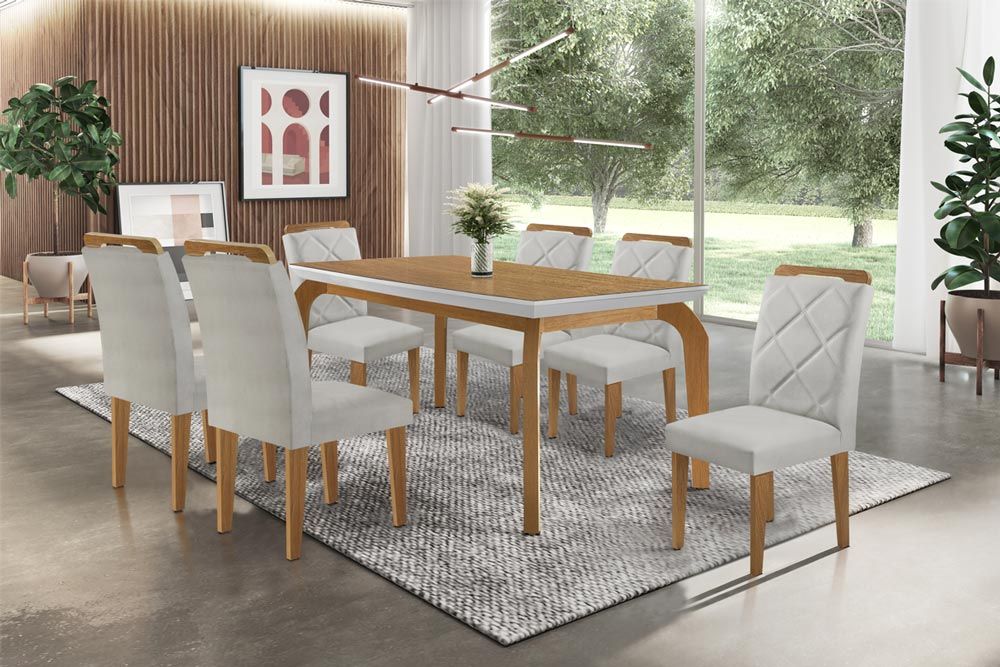 Sala Jantar Mesa Londrina Tampo Madeirado c/ Vidro 180x90cm e 6 Cadeiras Melissa - Rufato