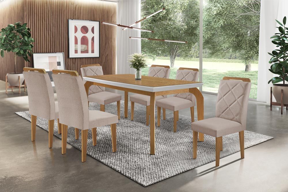 Sala Jantar Mesa Londrina Tampo Madeirado c/ Vidro 180x90cm e 6 Cadeiras Melissa - Rufato