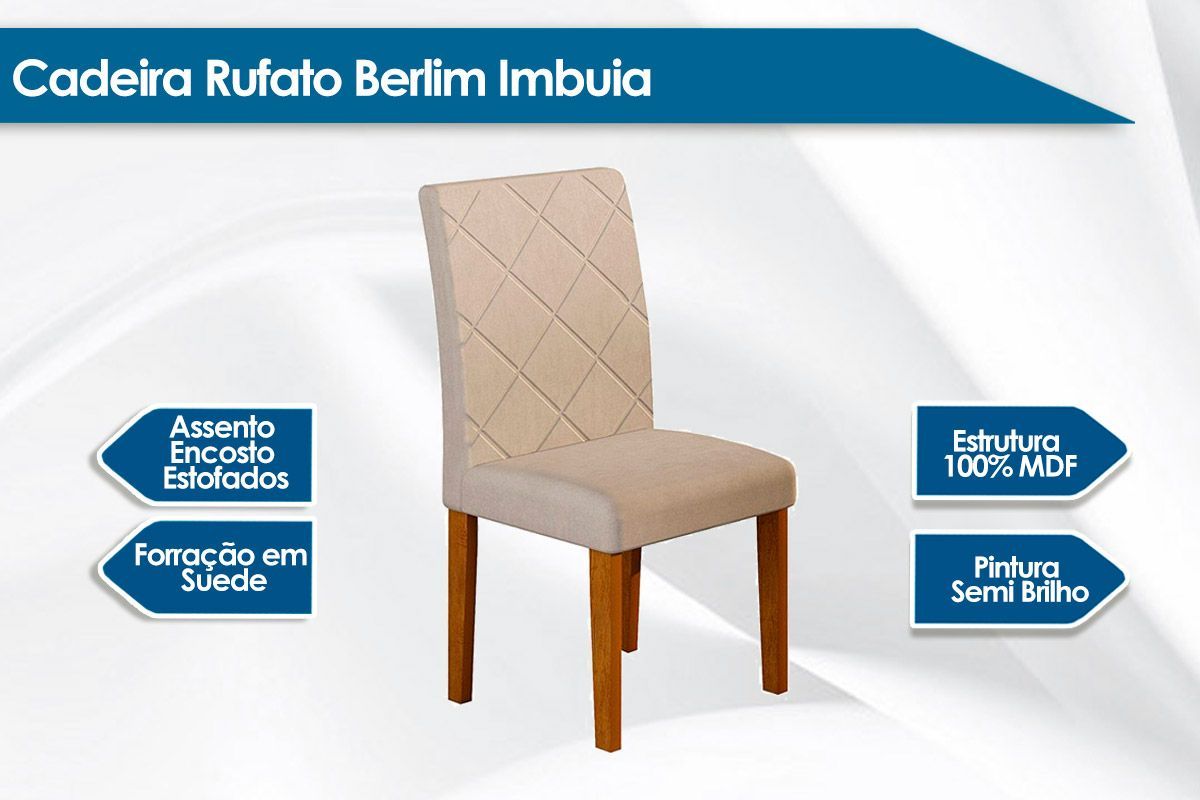 Sala Jantar Mesa Londrina Tampo Madeirado c/ Vidro 120x80cm e 4 Cadeiras Berlim - Rufato