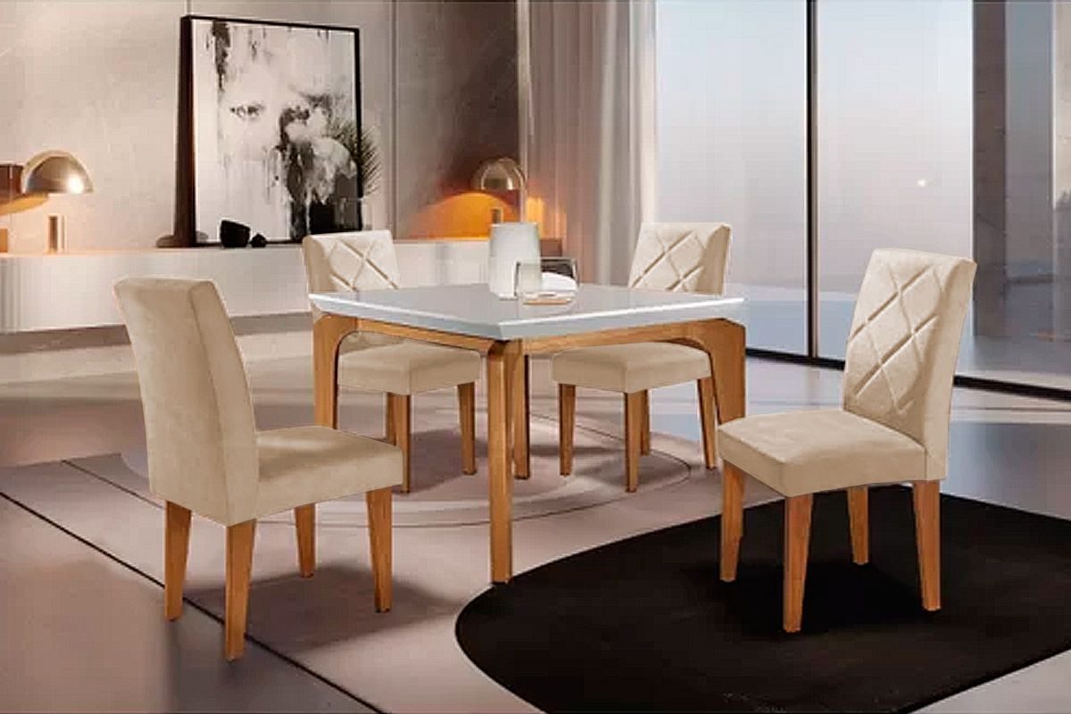 Sala Jantar Mesa Londrina Tampo Madeirado c/ Vidro 120x80cm e 4 Cadeiras Berlim - Rufato