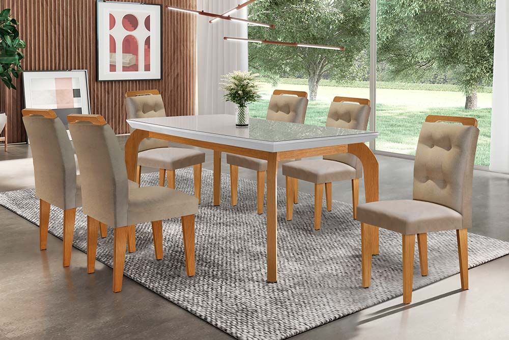 Sala Jantar Mesa Londrina Tampo MDF/Vidro Canto Curvo 180cm + 6Cadeiras Imperatriz - Rufato