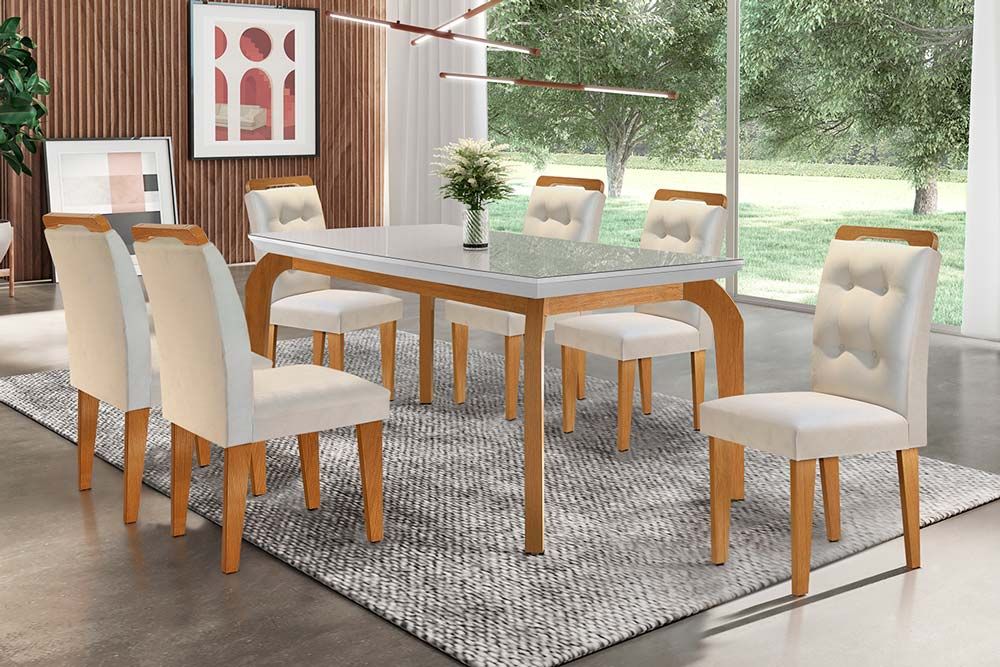 Sala Jantar Mesa Londrina Tampo MDF/Vidro Canto Curvo 180cm + 6Cadeiras Imperatriz - Rufato