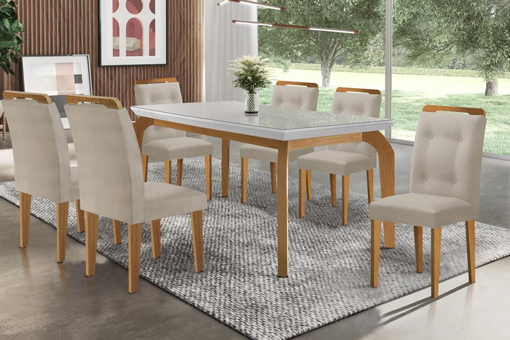 Sala Jantar Mesa Londrina Tampo MDF/Vidro Canto Curvo 180cm + 6Cadeiras Imperatriz - Rufato