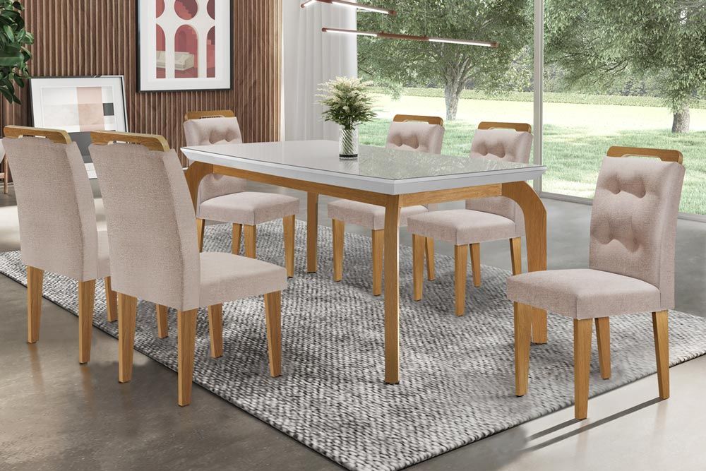 Sala Jantar Mesa Londrina Tampo MDF/Vidro Canto Curvo 180cm + 6Cadeiras Imperatriz - Rufato