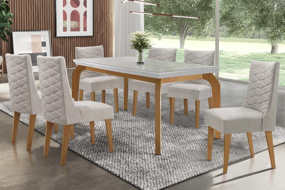 Sala Jantar Mesa Londrina Tampo Madeirado c/ Vidro 180x90cm e 6 Cadeiras Dafne - Rufato