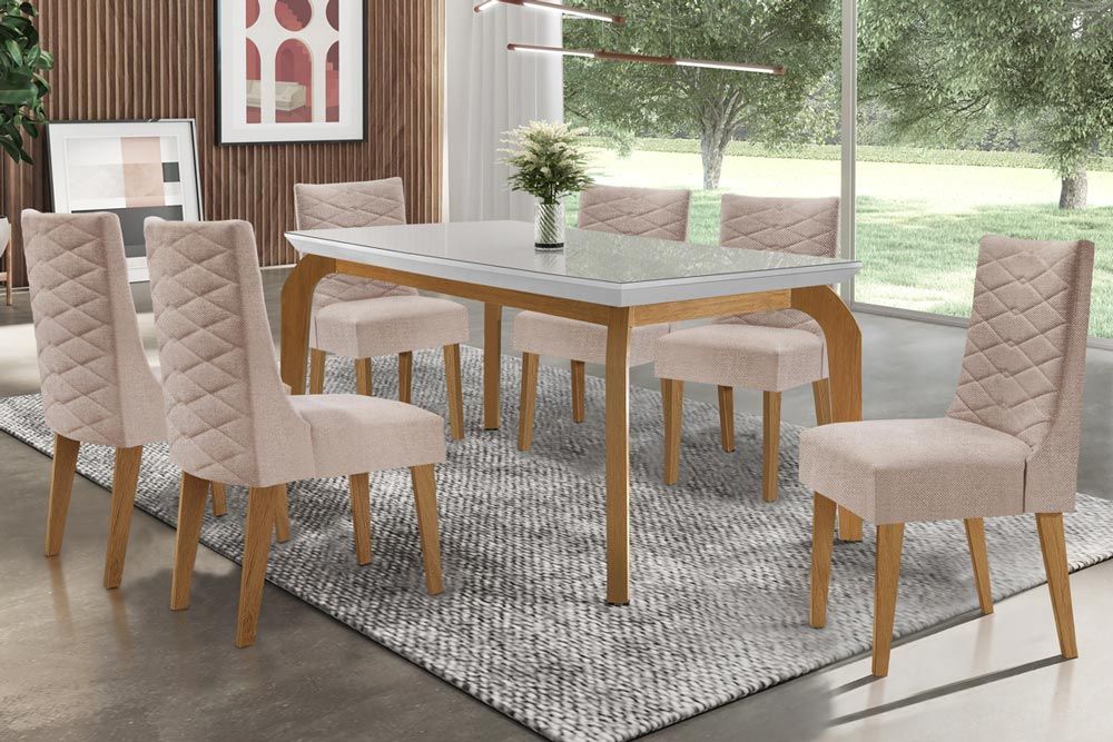 Sala Jantar Mesa Londrina Tampo Madeirado c/ Vidro 180x90cm e 6 Cadeiras Dafne - Rufato