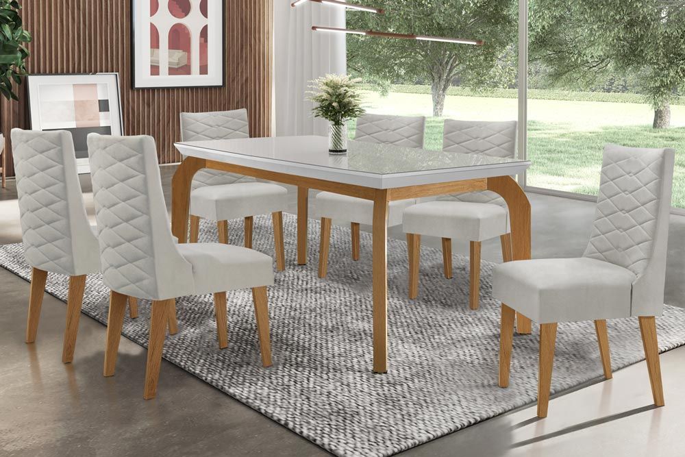 Sala Jantar Mesa Londrina Tampo Madeirado c/ Vidro 180x90cm e 6 Cadeiras Dafne - Rufato