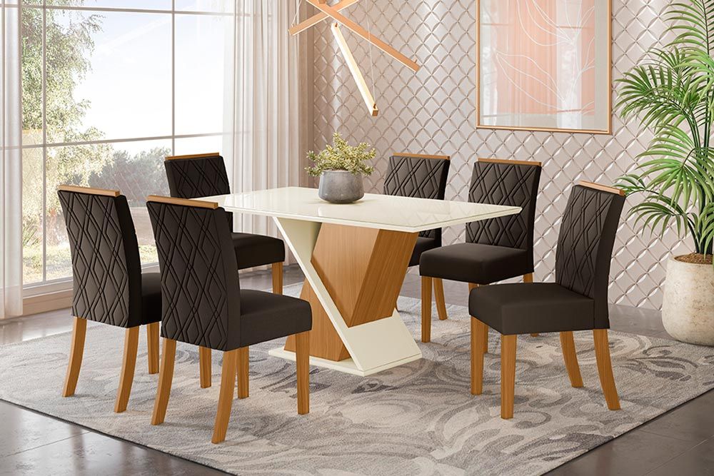Sala de Jantar Completa Solus Tampo Madeirado c/ Vidro Canto Reto 160x90cm e 6 Cadeiras Vita - Henn