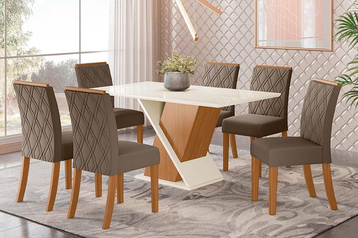 Sala de Jantar Completa Solus Tampo Madeirado c/ Vidro Canto Reto 160x90cm e 6 Cadeiras Vita - Henn