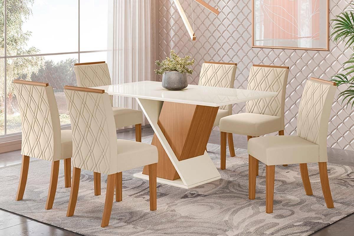 Sala de Jantar Completa Solus Tampo Madeirado c/ Vidro Canto Reto 160x90cm e 6 Cadeiras Vita - Henn