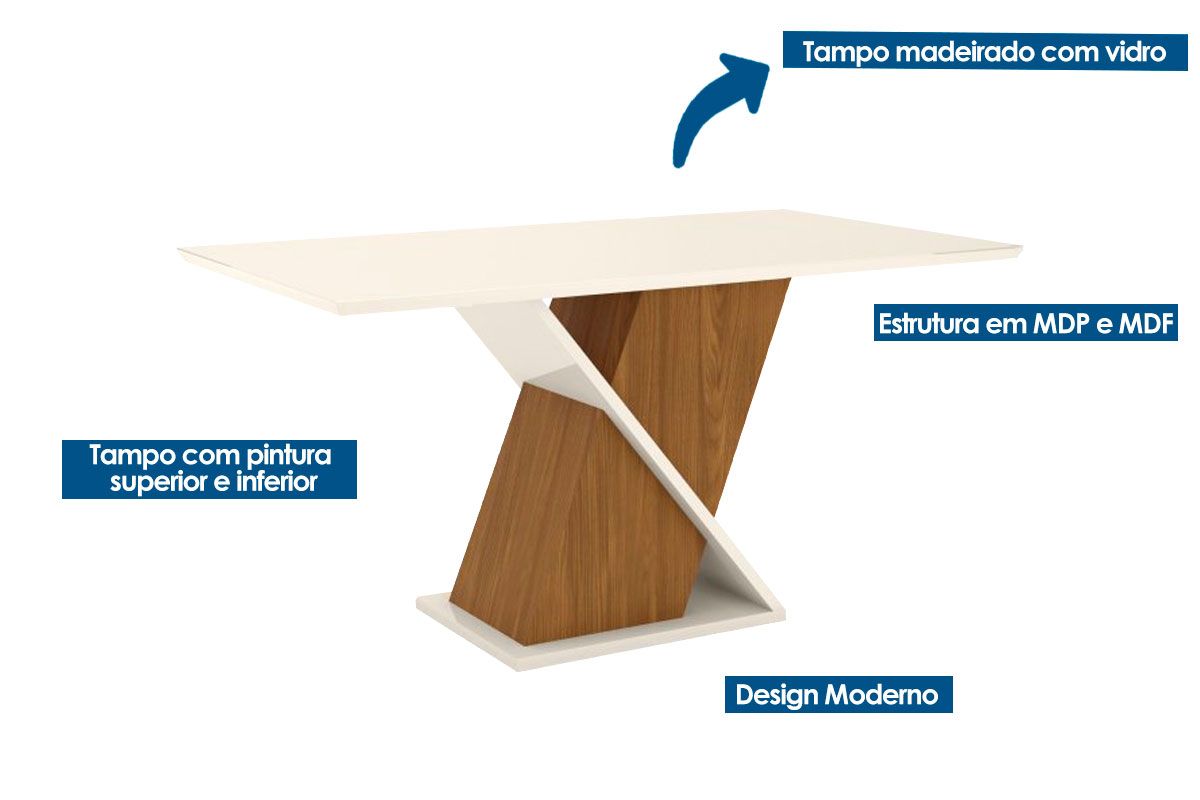 Sala de Jantar Completa Solus Tampo Madeirado c/ Vidro Canto Reto 160x90cm e 6 Cadeiras Vita - Henn