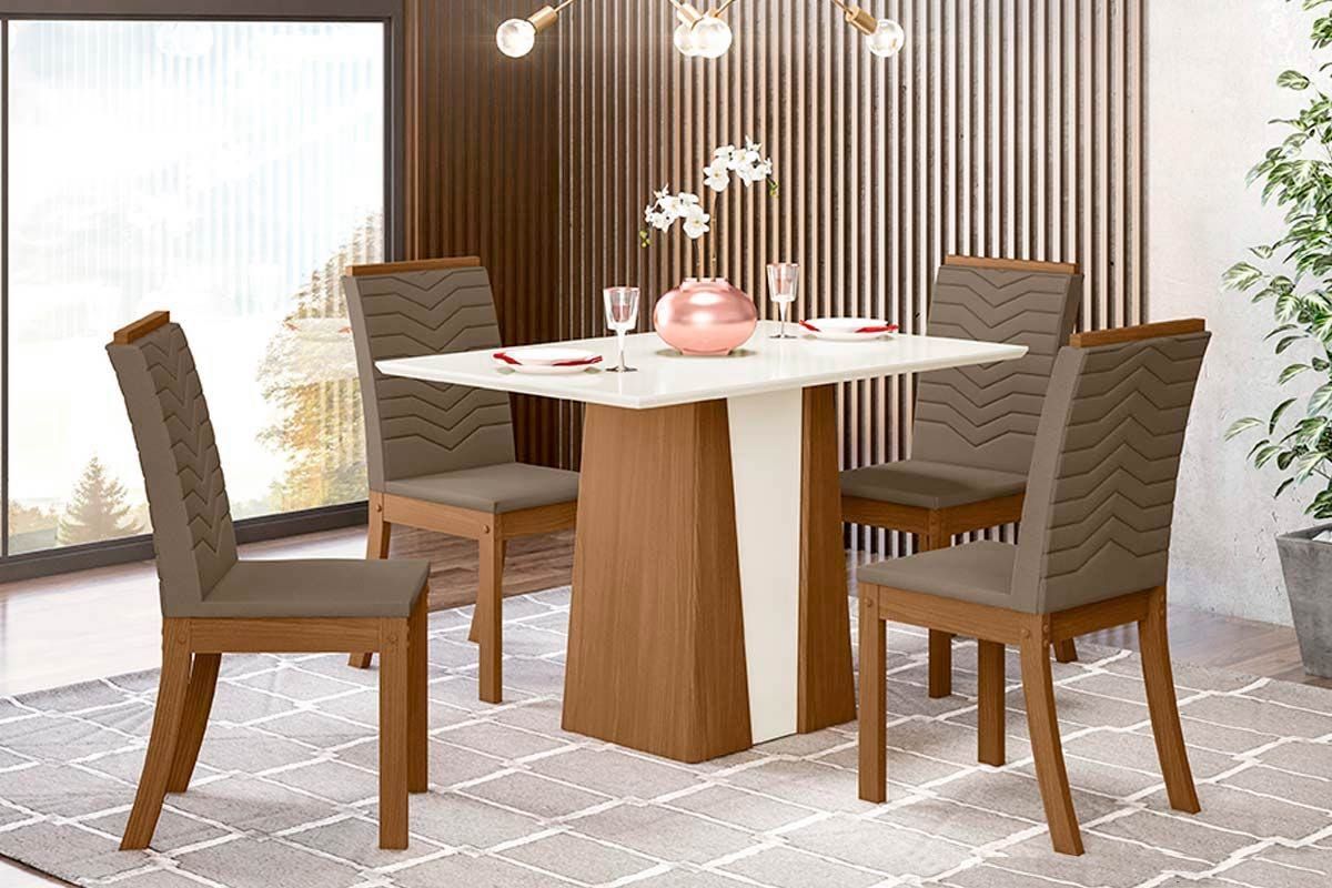 Sala de Jantar Completa Orus Tampo Madeirado c/ Vidro 120x80cm e 4 Cadeiras Isa - Henn