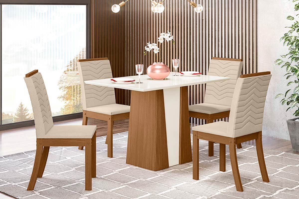 Sala de Jantar Completa Orus Tampo Madeirado c/ Vidro 120x80cm e 4 Cadeiras Isa - Henn