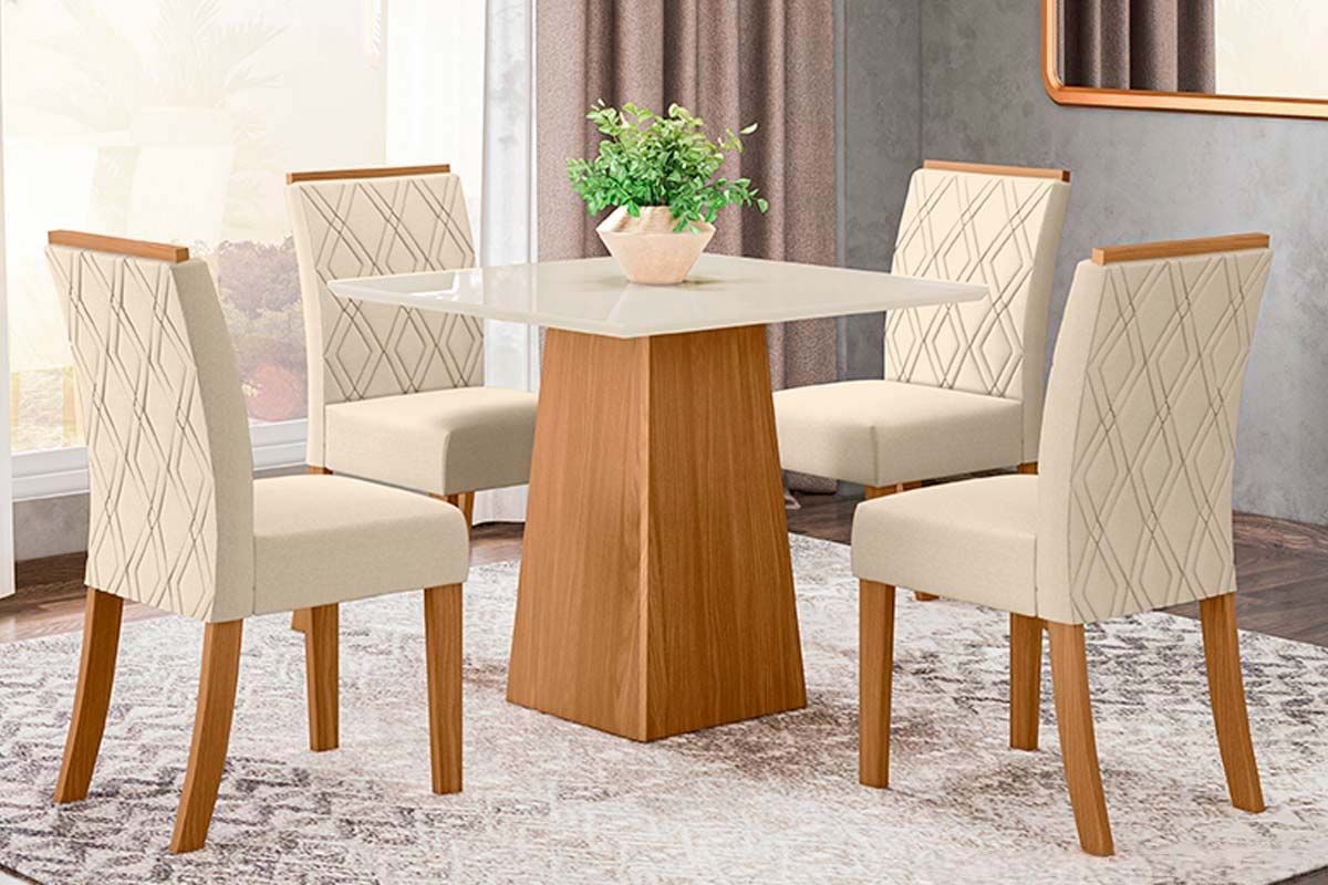 Sala de Jantar Completa Dora Tampo Madeirado 90x90cm e 4 Cadeiras Vita - Henn