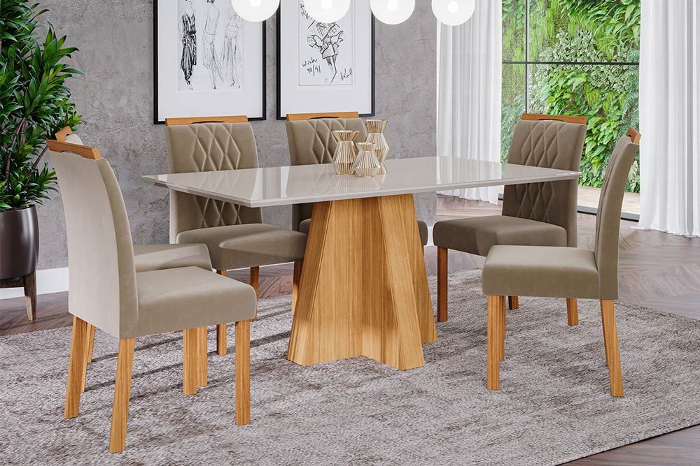 Sala Jantar Mesa Patrícia Tampo Madeirado c/ Vidro Canto Reto 160x80cm e 6 Cadeiras Juliana - Cimol