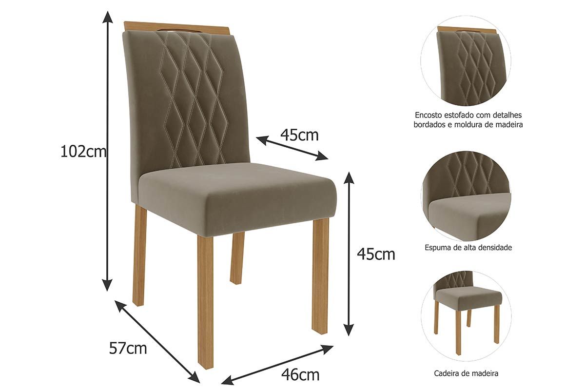 Sala Jantar Mesa Patrícia Tampo Madeirado c/ Vidro Canto Reto 160x80cm e 6 Cadeiras Juliana - Cimol