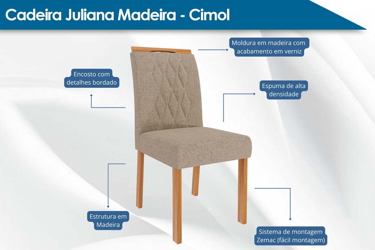 Sala Jantar Mesa Patrícia Tampo Madeirado c/ Vidro Canto Reto 160x80cm e 6 Cadeiras Juliana - Cimol