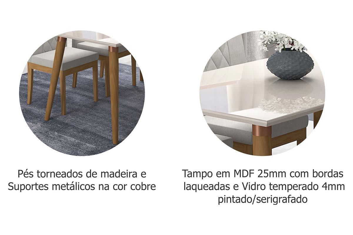 Sala Jantar Mesa Adele Madeira Maciça Tampo Madeirado c/ Vidro 130x80cm e 4 Cadeiras Juliana - Cimol