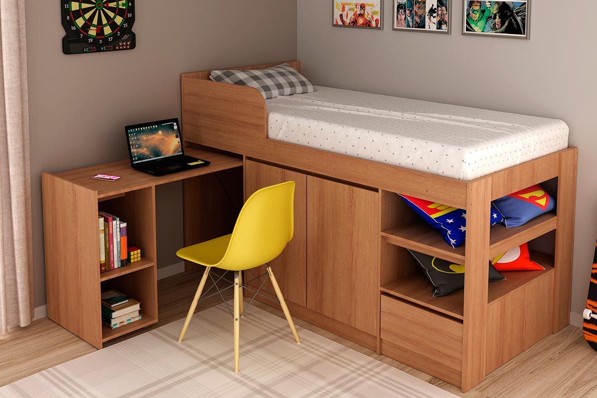 Cama Solteiro CM8021 Multifuncional c/Escrivaninha Tecno MobiliAmêndoa