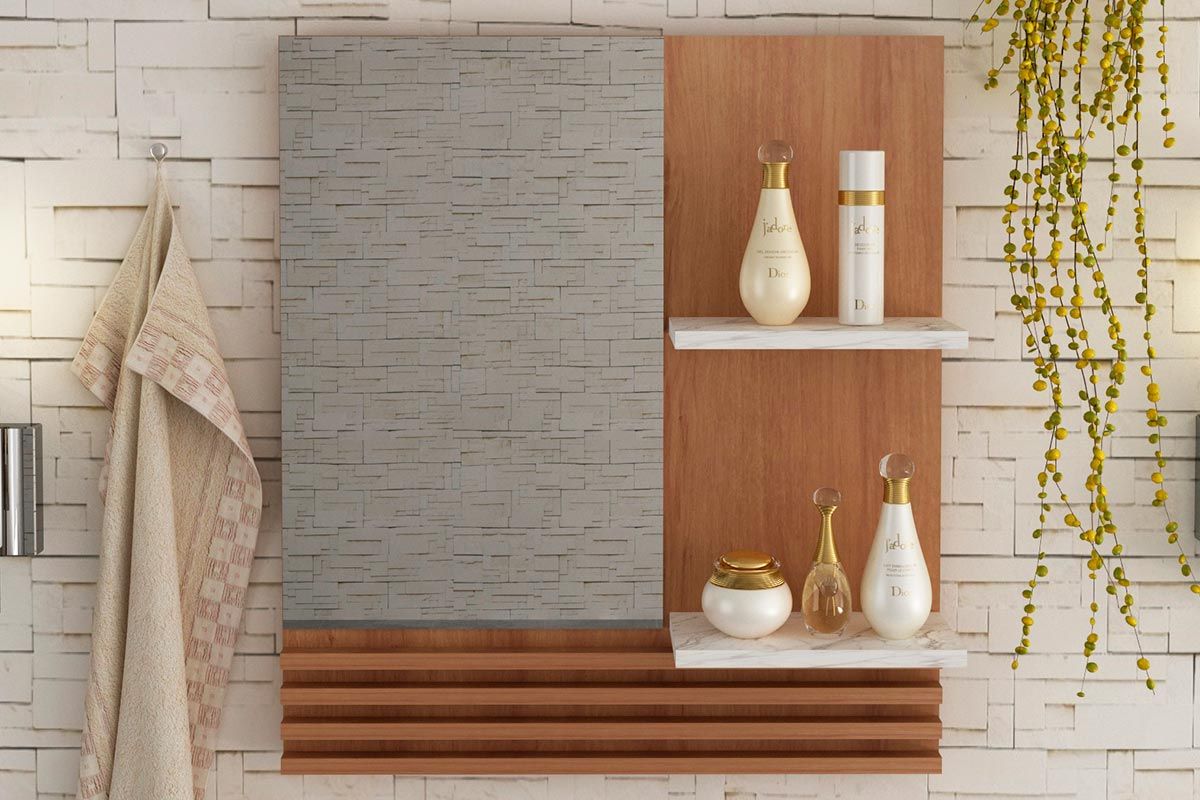 Armário de Banheiro c/Espelho BN3614 2 Prateleiras 60cm Tecno MobiliAmêndoa/Marmore Branco