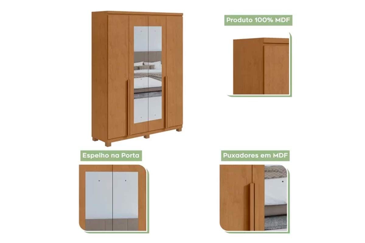 Guarda Roupa Solteiro 4 Portas (2 c/Espelho) e 2 Gavetas c/Pés Alonzo Lopas Guarda Roupa Solteiro 4 Portas (2 c/Espelho) e 2 Gavetas c/Pés Alonzo Lopas