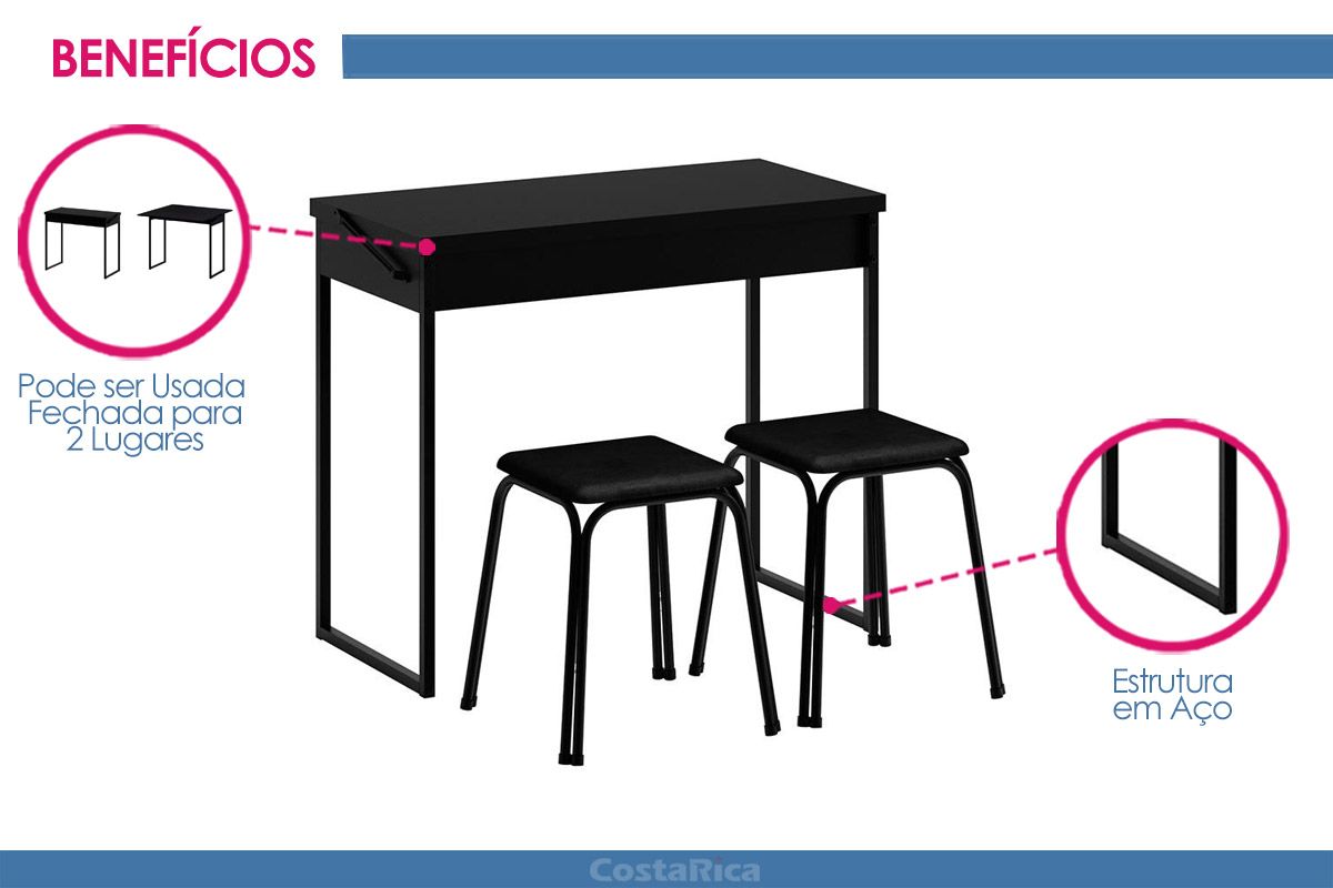 Conjunto: Mesa Sala Jantar Dobrável 1590 c/2 Banquetas Carraro