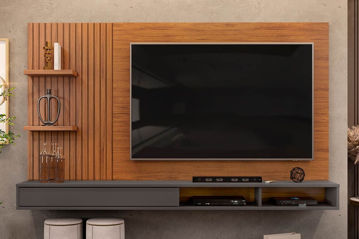Painel Home p/ TV até 60 Polegadas Bento Ripado c/Prateleiras 190x107cm DJ Móveis