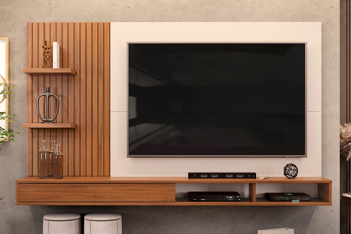 Painel Home p/ TV até 60 Polegadas Bento Ripado c/Prateleiras 190x107cm DJ MóveisFreijó/Off White