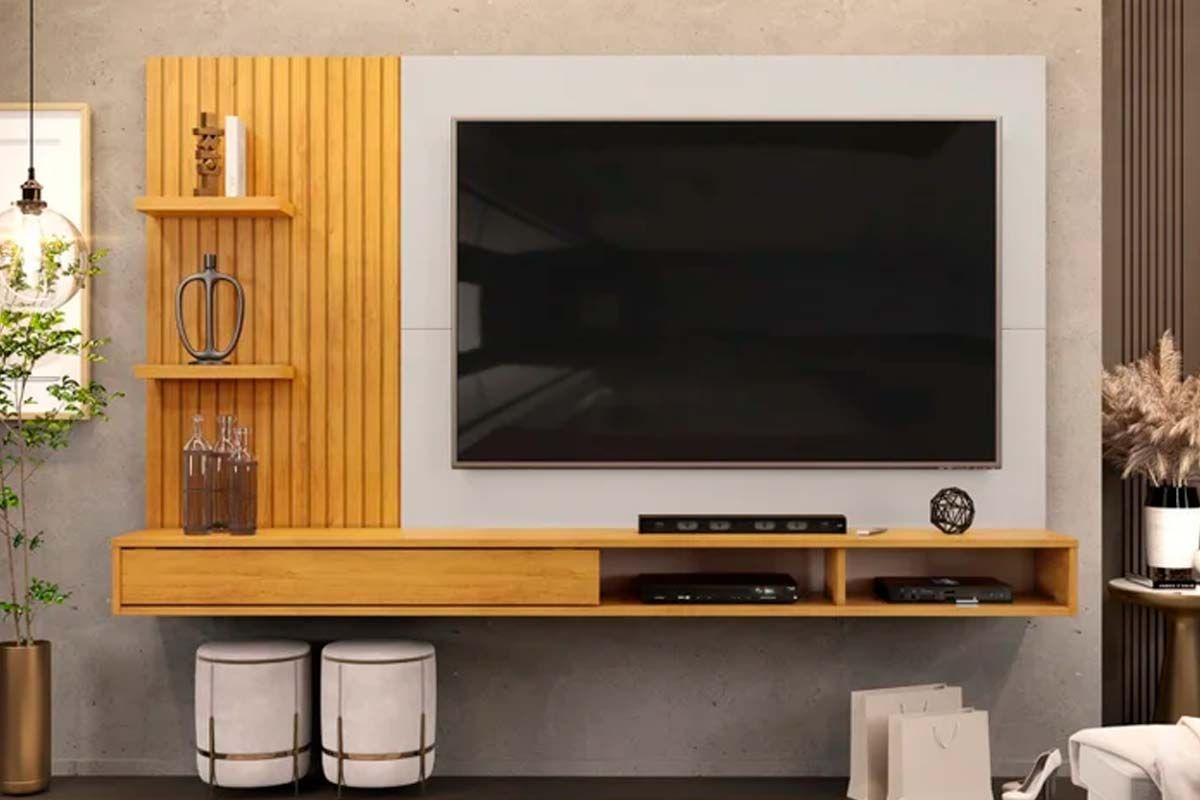 Painel Home p/ TV até 60 Polegadas Bento Ripado c/Prateleiras 190x107cm DJ MóveisCedro/Bali