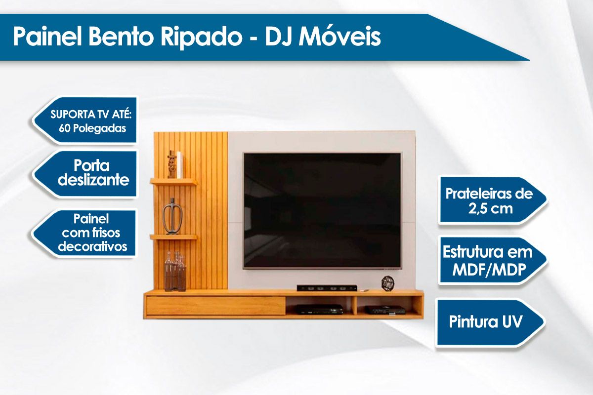 Painel Home p/ TV até 60 Polegadas Bento Ripado c/Prateleiras 190x107cm DJ Móveis Painel Home p/ TV até 60 Polegadas Bento Ripado c/Prateleiras 190x107cm DJ Móveis