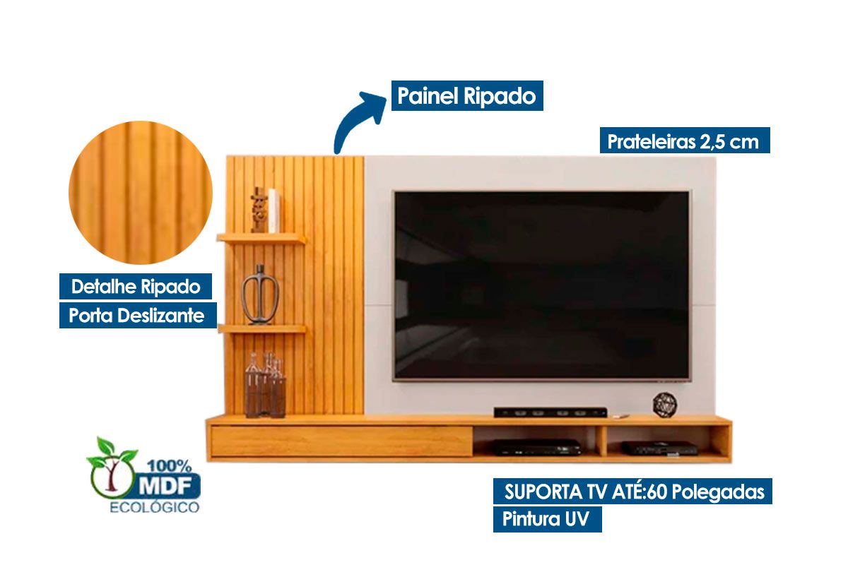 Painel Home p/ TV até 60 Polegadas Bento Ripado c/Prateleiras 190x107cm DJ Móveis Painel Home p/ TV até 60 Polegadas Bento Ripado c/Prateleiras 190x107cm DJ Móveis