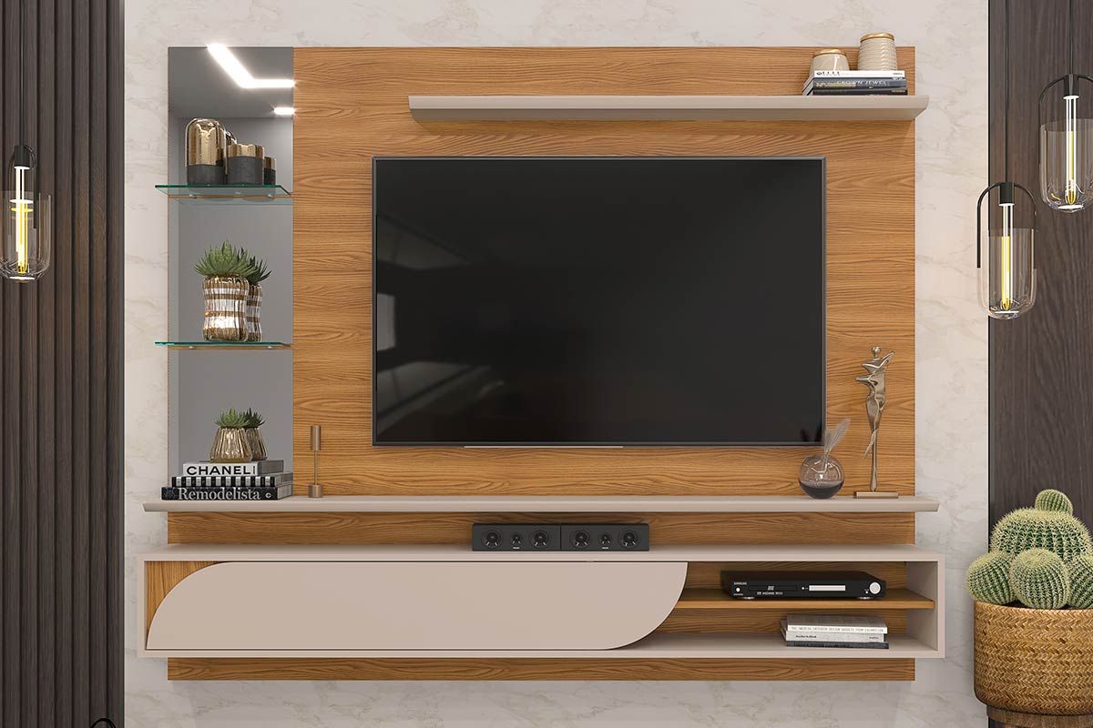 Painel Home p/ TV até 60 polegadas Ravi c/Prateleiras e Nicho 180x152cm DJ Móveis