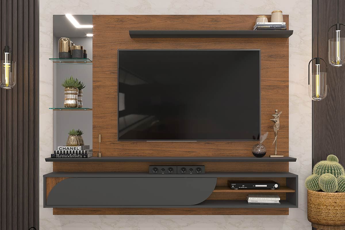 Painel Home p/ TV até 60 polegadas Ravi c/Prateleiras e Nicho 180x152cm DJ Móveis
