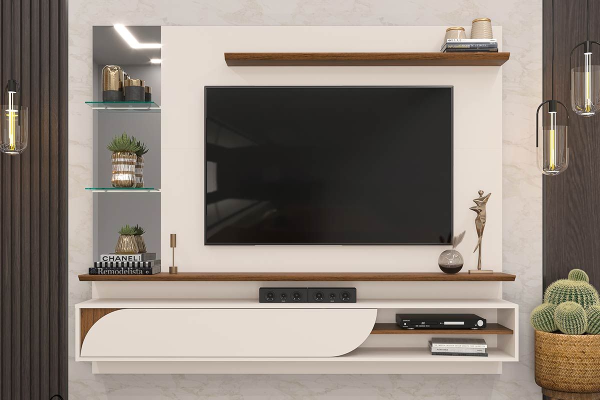 Painel Home p/ TV até 60 polegadas Ravi c/Prateleiras e Nicho 180x152cm DJ MóveisOff White/Freijó