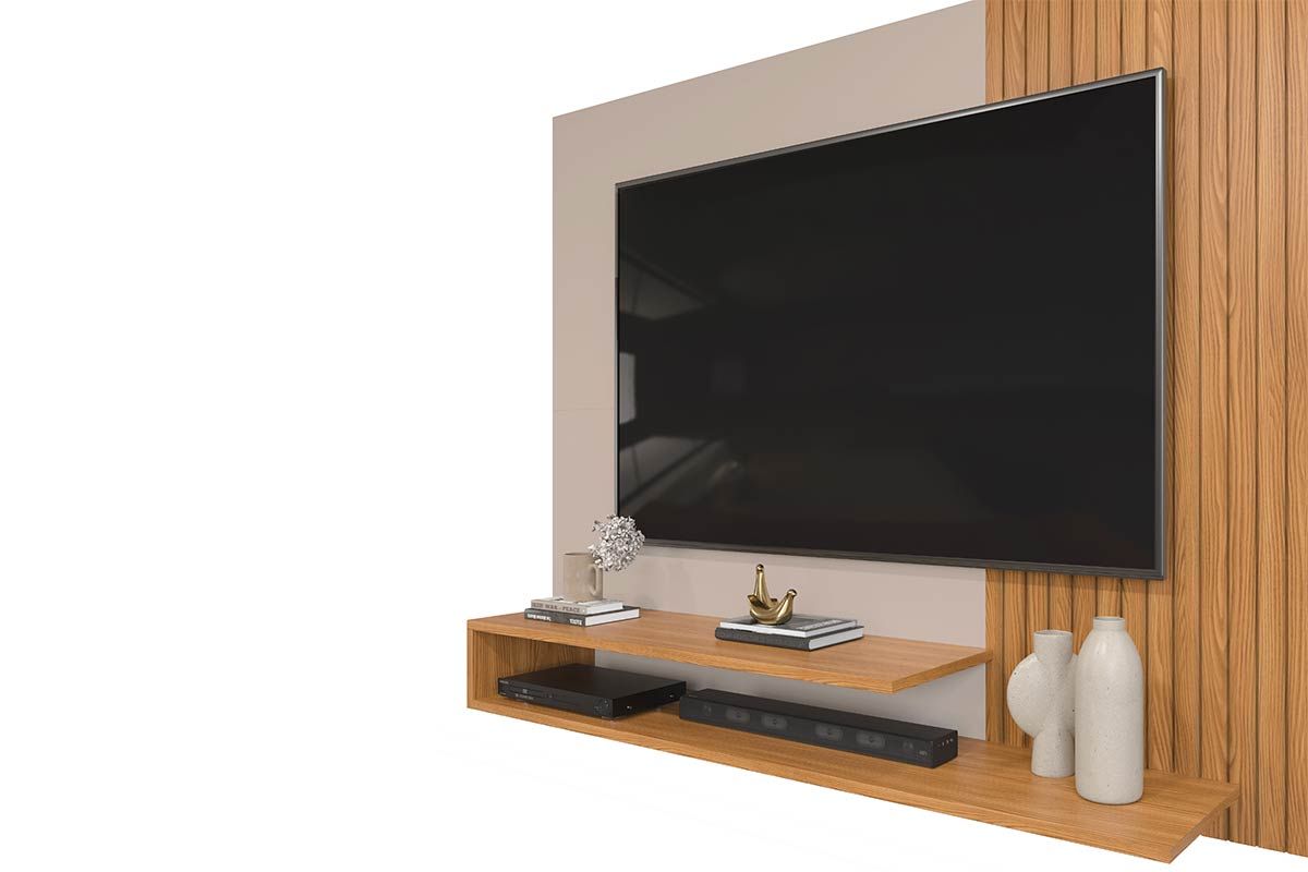 Painel Home p/ TV até 50 Polegadas Nando Ripado c/Prateleira 136x107cm DJ Móveis Painel Home p/ TV até 50 Polegadas Nando Ripado c/Prateleira 136x107cm DJ Móveis