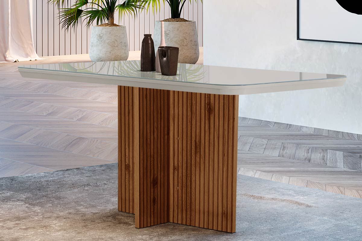 Mesa Jantar Berlim c/Tampo MDF/Vidro 120cm RufatoMadeirado c/Vidro Canto Curvo - Imbuia Ripado 3D/Off White Mesa Jantar Berlim c/Tampo MDF/Vidro 120cm RufatoMadeirado c/Vidro Canto Curvo - Imbuia Ripado 3D/Off White
