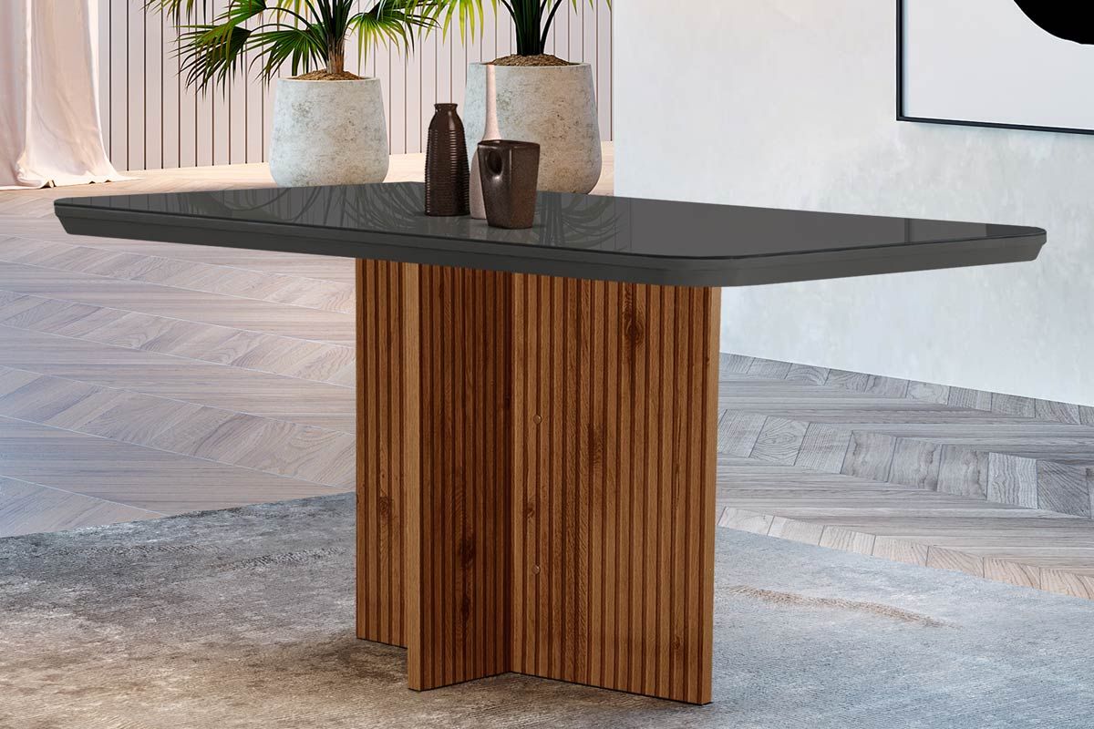 Mesa Jantar Berlim c/Tampo MDF/Vidro 120cm RufatoMadeirado c/Vidro Canto Curvo - Imbuia Ripado 3D/Grafite Mesa Jantar Berlim c/Tampo MDF/Vidro 120cm RufatoMadeirado c/Vidro Canto Curvo - Imbuia Ripado 3D/Grafite