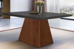 Mesa Jantar Luna c/Tampo MDF/Vidro 120cm Rufato - Madeirado c/Vidro Canto Curvo - Imbuia/Ripado 3D/Grafite
