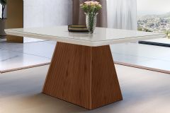 Mesa Jantar Luna c/Tampo MDF/Vidro 120cm Rufato - Madeirado c/Vidro Canto Curvo - Imbuia/Ripado 3D/Off White