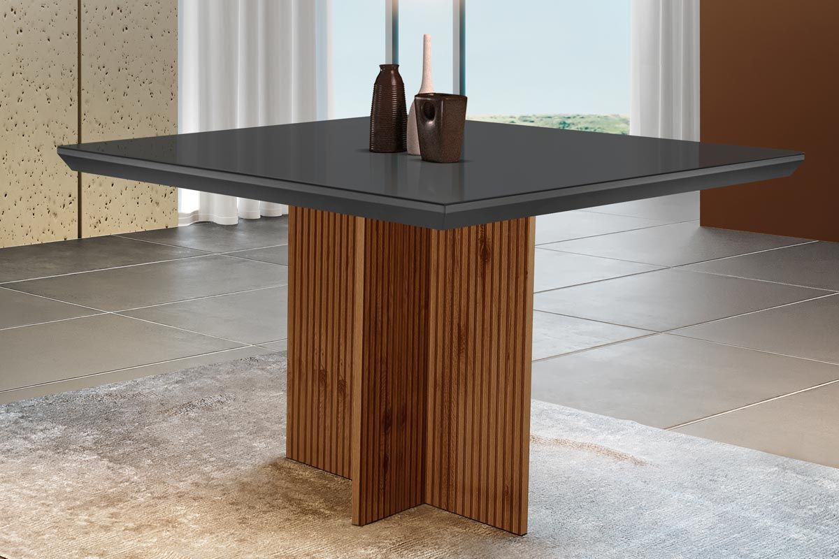 Mesa Jantar Berlim c/Tampo MDF/Vidro 90cm RufatoMadeirado c/Vidro Canto Curvo - Imbuia Ripado 3D/Grafite Mesa Jantar Berlim c/Tampo MDF/Vidro 90cm RufatoMadeirado c/Vidro Canto Curvo - Imbuia Ripado 3D/Grafite