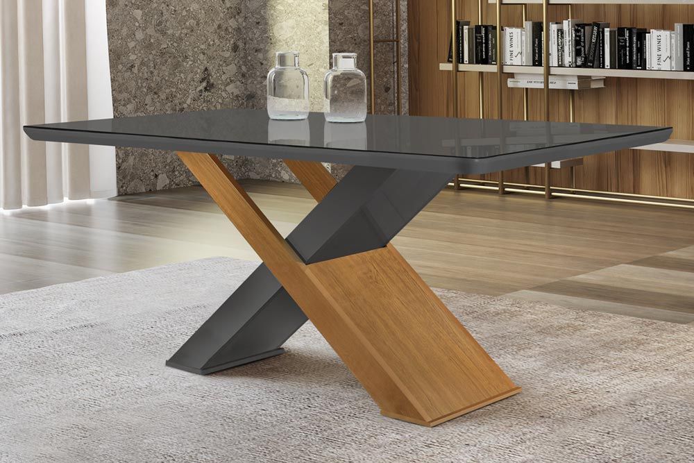Mesa Jantar Imperatriz c/Tampo MDF/Vidro 180cm RufatoMadeirado c/Vidro Canto Curvo - Imbuia/Grafite Mesa Jantar Imperatriz c/Tampo MDF/Vidro 180cm RufatoMadeirado c/Vidro Canto Curvo - Imbuia/Grafite