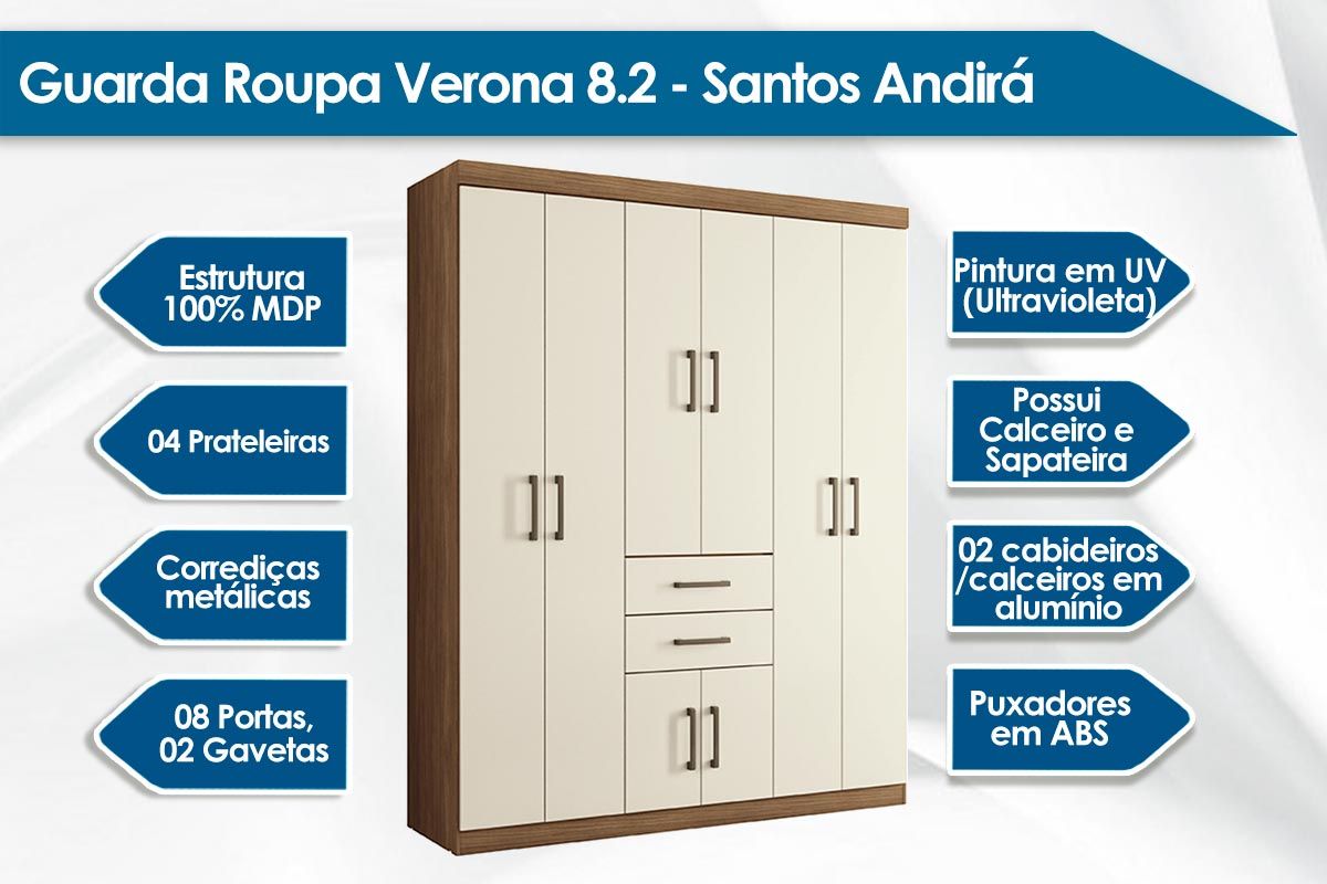 Guarda Roupa Solteiro 8 Portas e 2 Gavetas Verona 8.2 S. Andirá Guarda Roupa Solteiro 8 Portas e 2 Gavetas Verona 8.2 S. Andirá