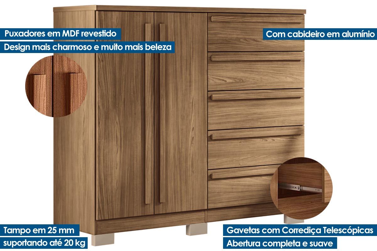 Cômoda Málaga Gold c/2 Portas 5 Gavetas e Pés S. Andirá Cômoda Málaga Gold c/2 Portas 5 Gavetas e Pés S. Andirá