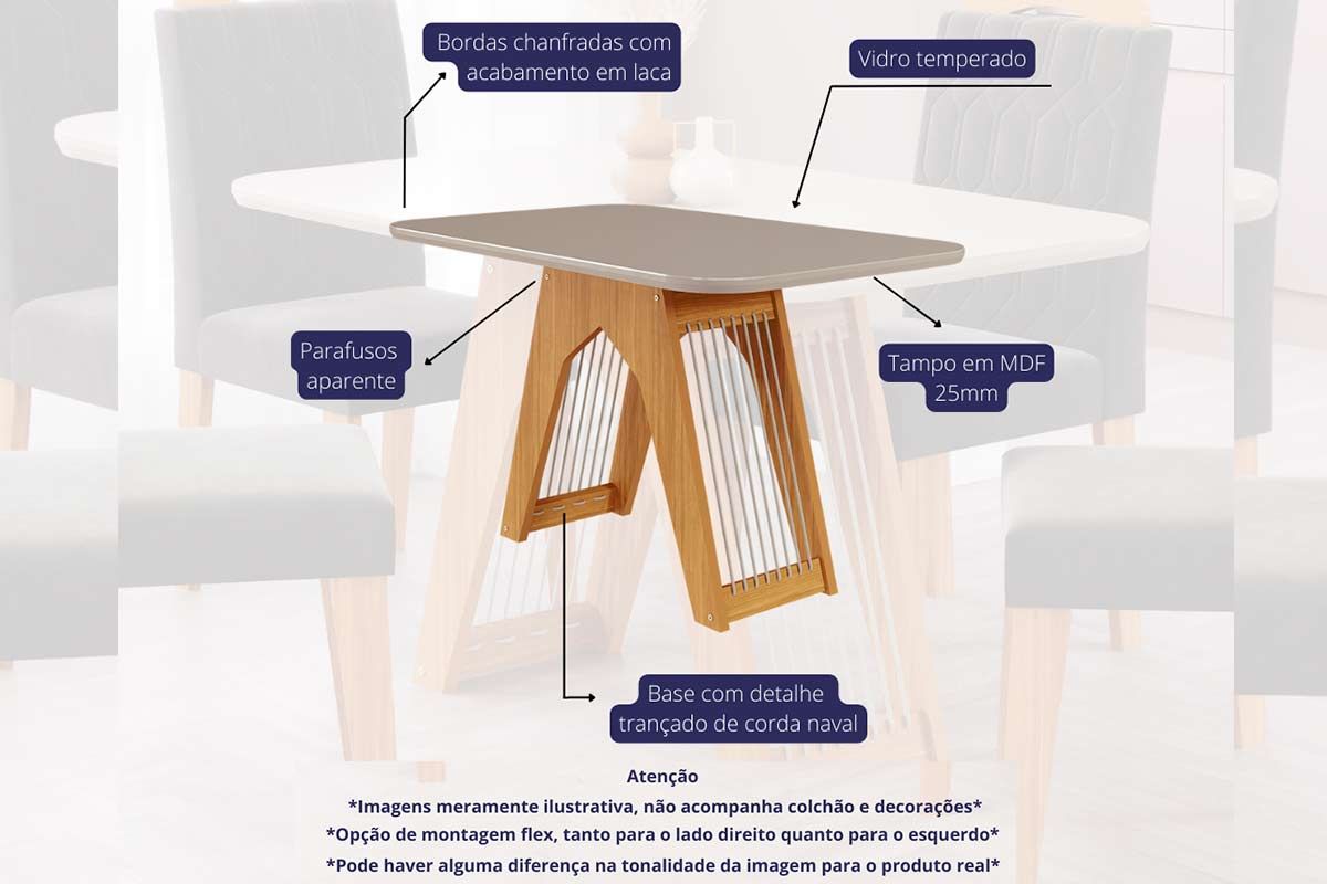 Mesa Jantar Carol c/Tampo MDF/Vidro 130cm Cimol Mesa Jantar Carol c/Tampo MDF/Vidro 130cm Cimol